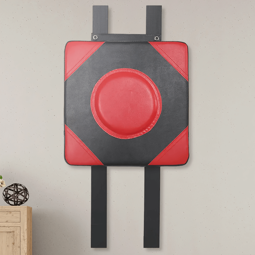 Adjustable wall boxing pad SF3157 in black and red PU leather for training and fitness, featuring central impact zone.